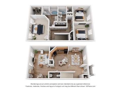 Two floor plans of a house with a kitchen, living room, bedrooms and bathrooms.
